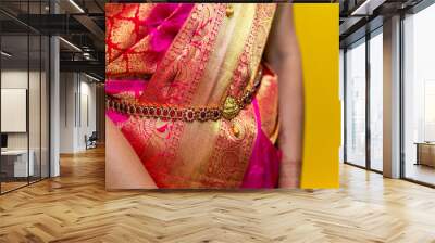 South Indian Tamil bride's wearing her wedding outfit and jewellery close up Wall mural