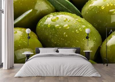 many fresh and ripe green olives with detailed water drops bio food panorama banner generative ai Wall mural