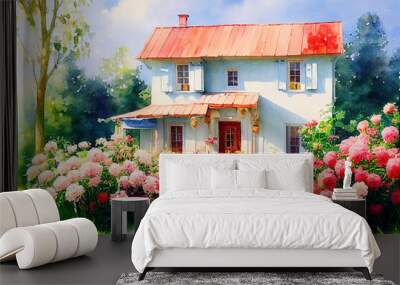 Painting with a house, flower beds. Wall mural