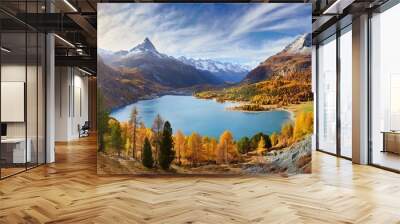 panoramic view of lake sils silsersee in autumn season upper engadine valley switzerland Wall mural