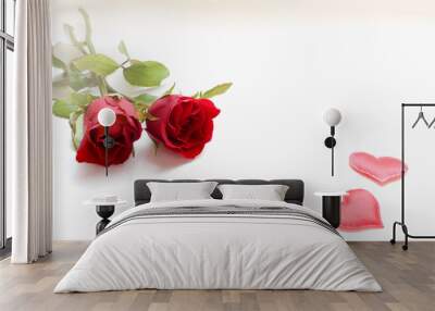 Red rose and mini red heart on white background, sweet valentine background Wall mural