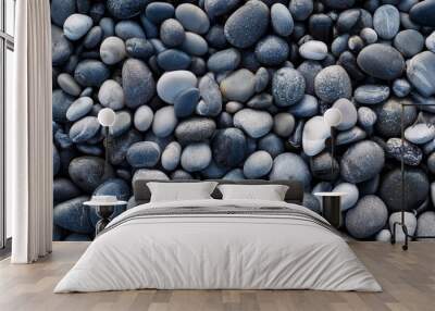 smooth round pebbles texture background pebble sea beach close up dark wet pebble and gray dry pebble high quality photo Wall mural