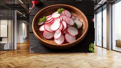 thin radish slices in a wooden plate on black rustic table vegetable salad food photography Wall mural