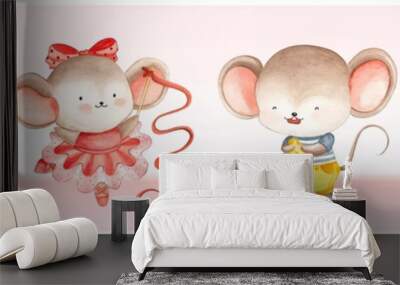 Watercolor cute mouse set Wall mural