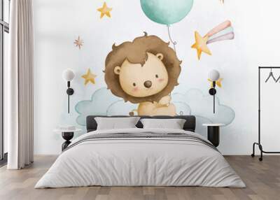 Watercolor illustration baby lion and balloon sits on cloud with stars Wall mural