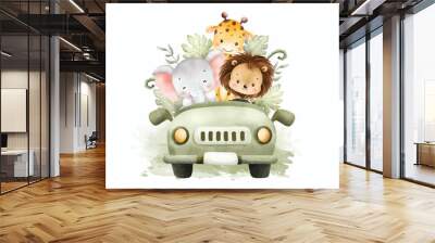 Watercolor Illustration Cute Baby Safari Animals in Car Wall mural