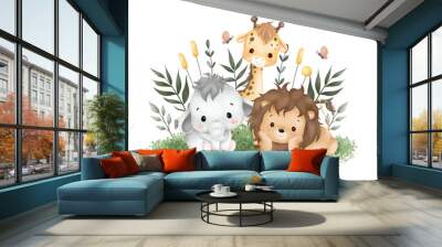 Watercolor Illustration cute baby safari animals sit on green grass and tropical leaves Wall mural