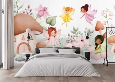 Watercolor Illustration Fairy Garden and plants Wall mural