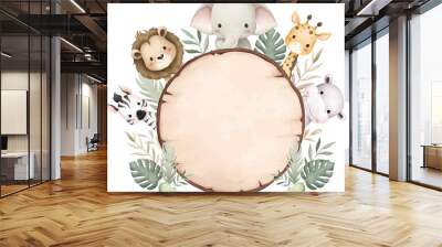 Watercolor Illustration Safari Animals and Wooden Board Wall mural