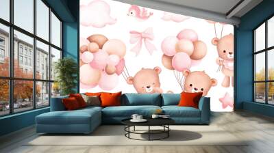 Watercolor Illustration set of baby bear and balloons Wall mural