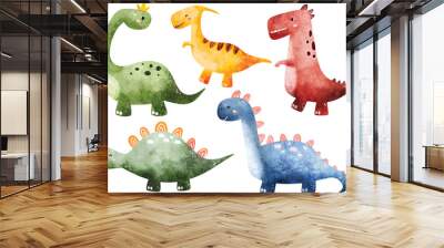 Watercolor illustration set of colorful dinosaurs Wall mural