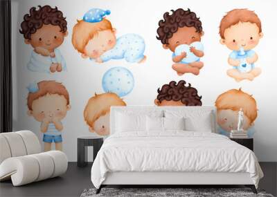 Watercolor illustration set of cute baby boy  Wall mural