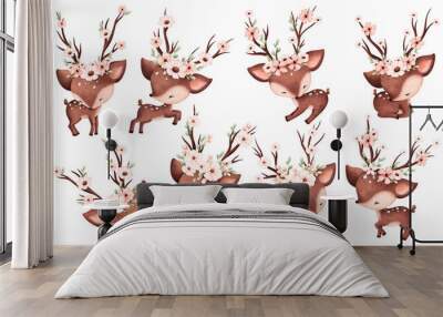 Watercolor illustration set of deers and flowers Wall mural