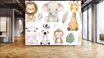 Watercolor Illustration Set of Safari Animals and Tropical Leaves Wall mural