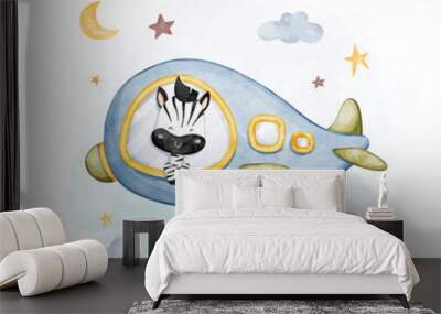 Watercolor illustration zebra in aeroplane with clouds and stars Wall mural