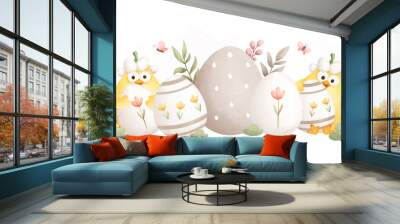 Watercolor Illustration. Easter chicks and Easter egg in the garden  Wall mural