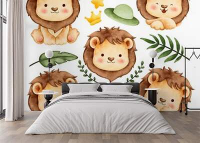 Watercolor set of cute safari lion and leaves  Wall mural