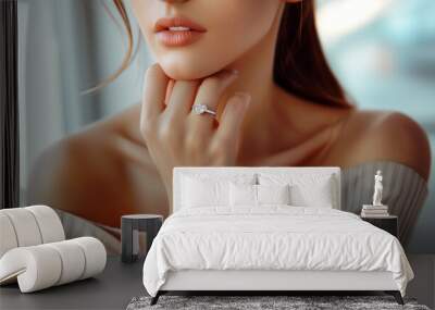 Elegant woman wearing diamond ring. Beautiful jewelry and accessory business banner concept. Wall mural