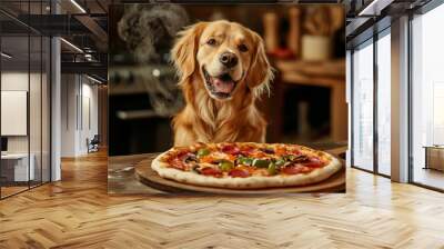 golden retriever and delicious pizza, hungry dog ​​sniffs pizza smell, food theft, delicious pizza advertisement Wall mural