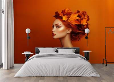 picture of attractive redhead woman model symbolizing autumn season over background Wall mural