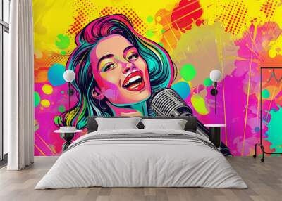 Pop art style woman singer with retro microphone, pop art comic karaoke poster  Wall mural