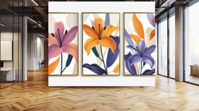 set of three abstract posters with floral art in gold frames, lily flower  canvases  Wall mural