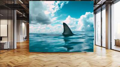 shark fin on surface of ocean agains blue cloudy sky Wall mural