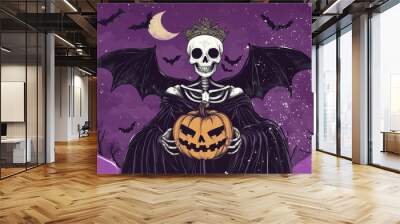 skeleton king with pumpkin and crown, dead king of death at night , party halloween 31 October banner  Wall mural