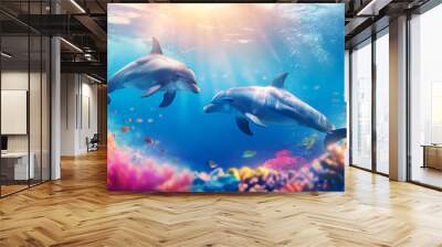 Two Dolphins swimming underwater of ocean on sunny day, mammals animals, underwater world Wall mural