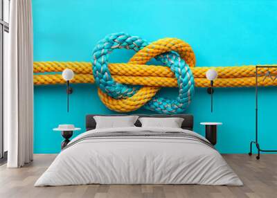 two ropes of different colors tied into a knot, pastel background, concept of infinity and connection, relationships and friendship Wall mural