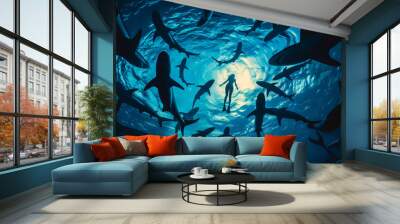 underwater silhouette shot of sharks circling swimmer, female diver among sharks Wall mural