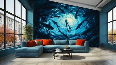 underwater silhouette shot of sharks circling swimmer, female diver among sharks Wall mural