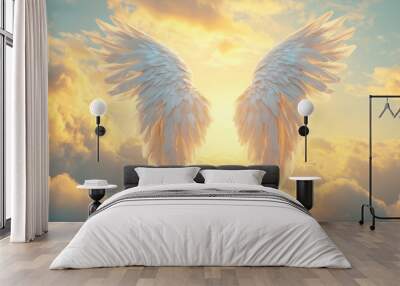 wings background white 3d illustration rendered angel fantasy wing feather mythology isolated bird eagle dove flying animal elegance grace angelic fairy heaven inspiration symbol beautiful fluffy sun Wall mural