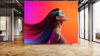 Woman with beautiful healthy shiny long hair, studio photo of a model for advertising shooting of a beauty salon, hairdresser or hair conditioner, groomed smooth and straight hair Wall mural