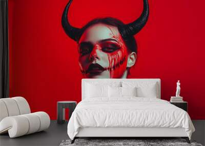 woman with scary halloween makeup with bloody horns red background, lady demon   Wall mural