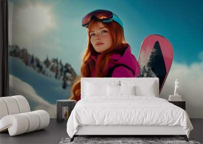 young woman with snowboard at ski winter resort, cute redhead girl  snowboarding on weekends, active recreation   Wall mural