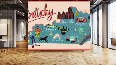 Illustrated map of  Kentucky state, USA. Travel and attractions. Souvenir print Wall mural