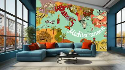 Illustrated map of Mediterranean. Landmarks and national symbols of the countries Wall mural