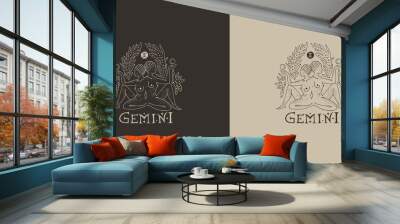 Outline zodiac sign Gemini. Astrological symbol. Horoscope. Set of two variants of logos on a dark and light background. Wall mural