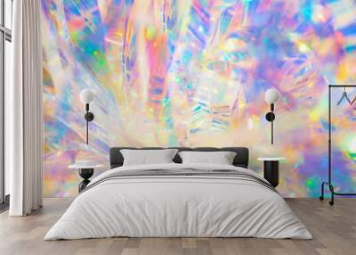 Abstract radiant festive merry holiday backdrop texture image of holographic iridescent metallic foil ribbon decoration with warm bright glow and sparkling crystal ice reflections and bokeh light Wall mural