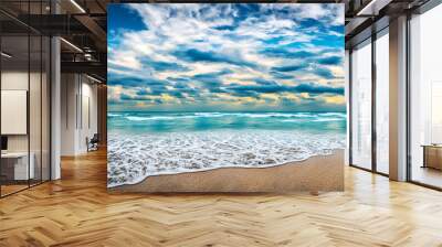 Blue sky, white clouds, sandy beaches and oceans, vacation time, beautiful coastal scenery, product background and banners Wall mural