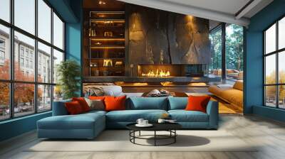 Modern living room design, warm room with fireplace, winter interior design Wall mural