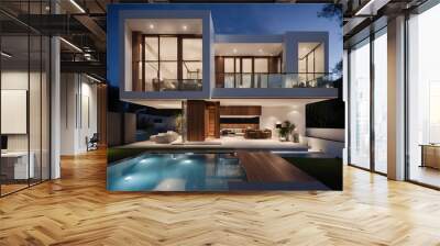 Modern villa design, single family villa, high-end property, luxurious middle-class lifestyle, outdoor swimming pool, with modern house design style Wall mural