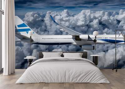 Space commercial aircraft flying in clouds, aviation industry Wall mural