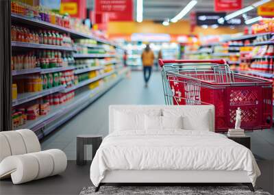 Supermarket shelves and shopping carts, shopping festival background images, Black Friday shopping spree Wall mural