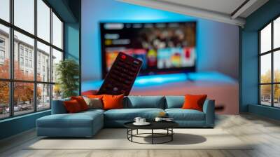 tv remote control in hand Wall mural