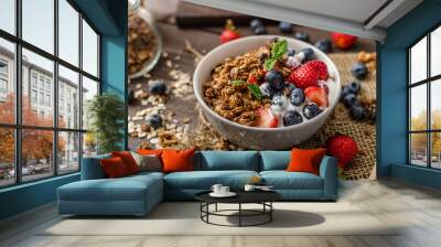 Yogurt with baked granola and berries in small bowl Wall mural