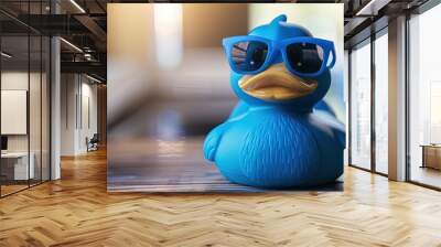 blue rubber ducky with sunglasses tanning outdoors Wall mural