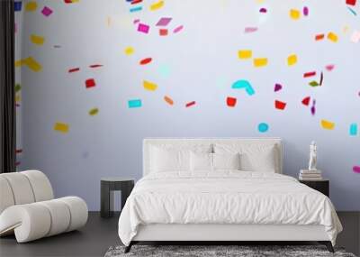 colorful birthday balloons, confetti, streamers, solid background, copy space - Wall mural