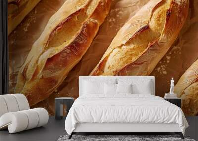 Fresh baguette on cloth on on a trendy marble table Wall mural